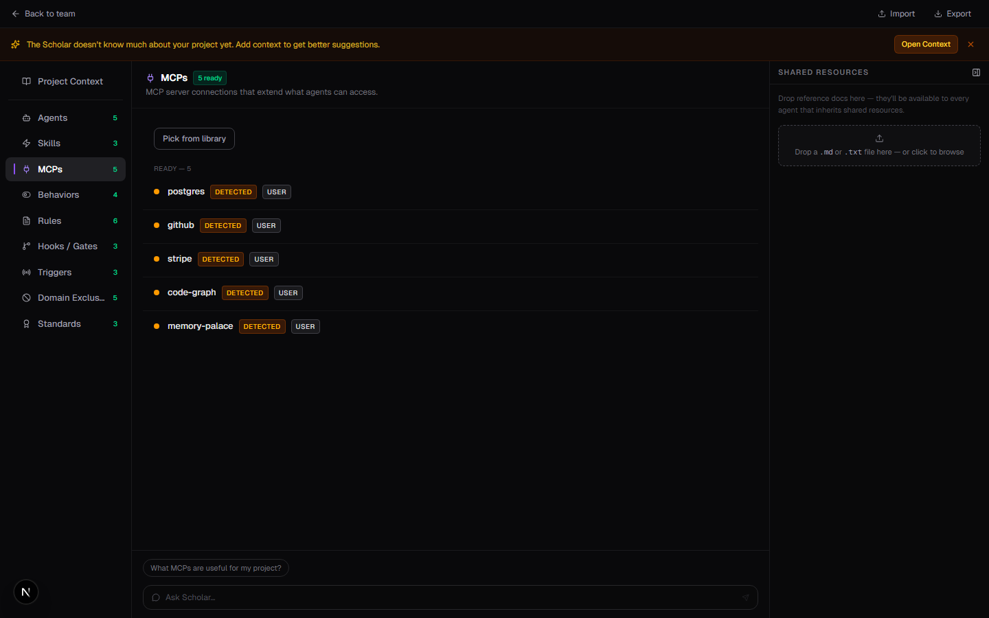 MCPs bucket with 5 MCP servers: postgres, github, stripe, code-graph, memory-palace